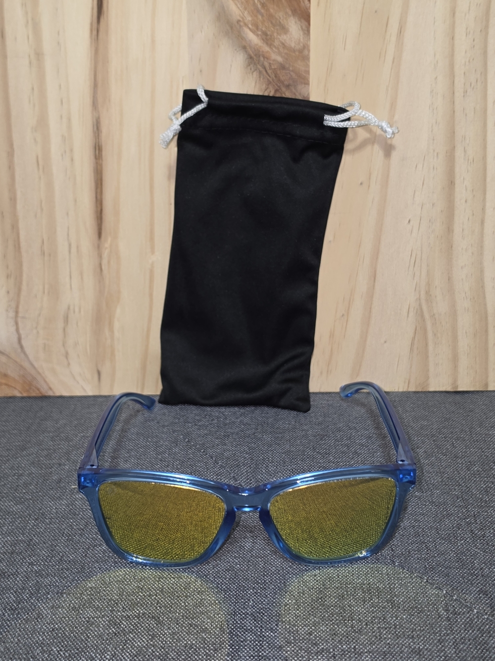 Women’s Blue Frame Sunglasses with Gold Mirrored Lenses